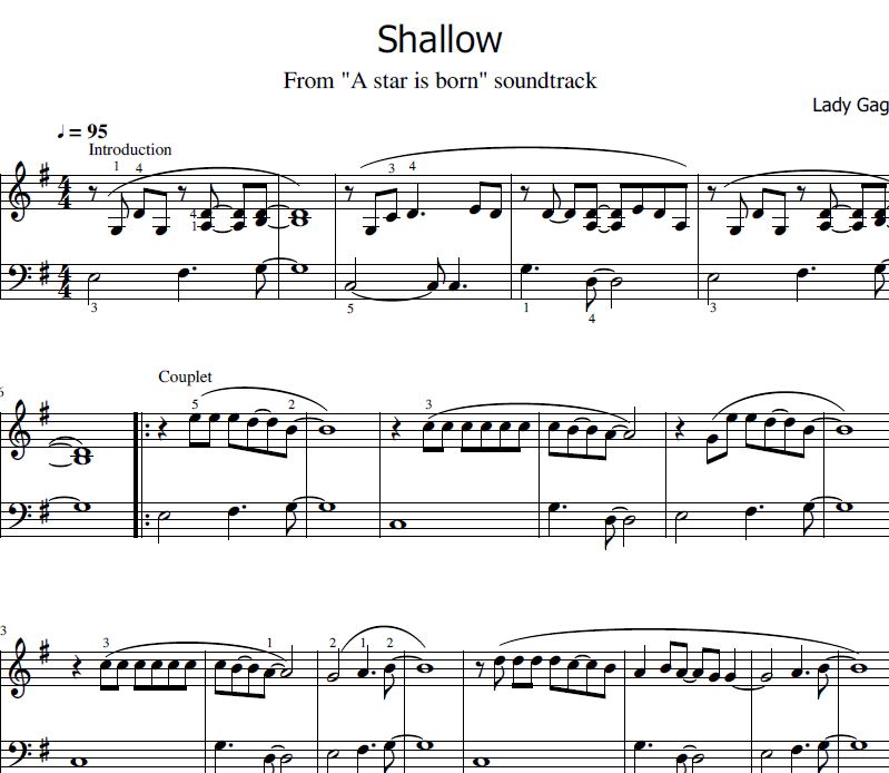Partition piano sheet music / “Shallow”, Lady Gaga (A Star is Born
