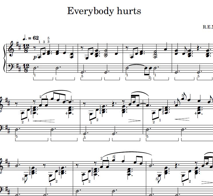 Partition piano sheet music / “Everybody hurts”, R.E.M. Pianomaniaque