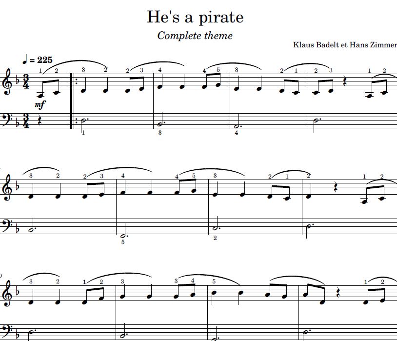 Paralizar mentiroso Volverse loco Partition piano sheet music / “He's a pirate”, complete theme –  Pianomaniaque